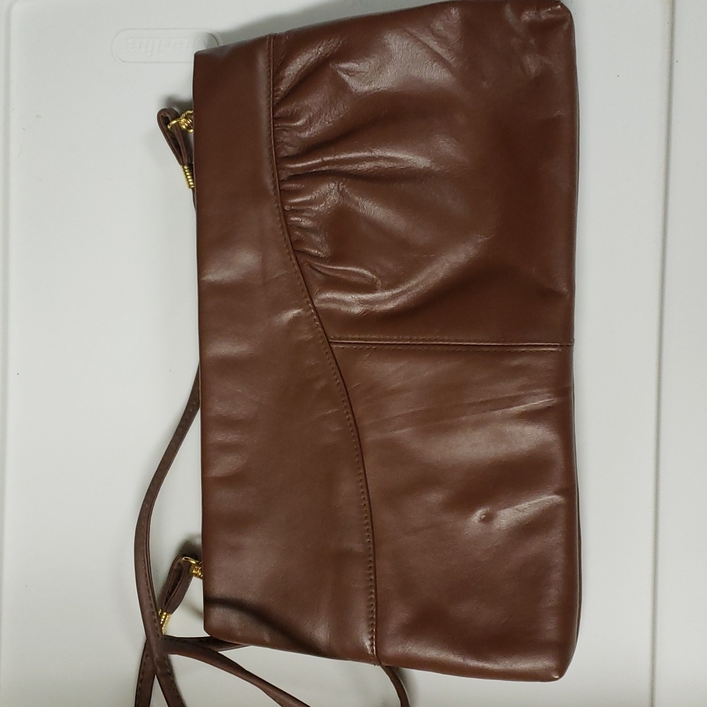 1980s Contessa Mutterperl Brown Leather Crossbody Removable Skinny Strap Clutch